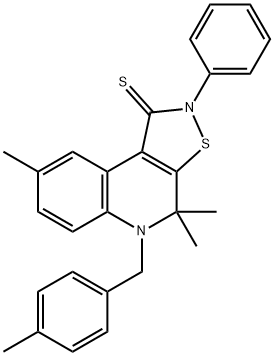 4,4,8-trimethyl-5-(4-methylbenzyl)-2-phenyl-4,5-dihydroisothiazolo[5,4-c]quinoline-1(2H)-thione Struktur