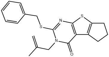 2-(benzylsulfanyl)-3-(2-methyl-2-propenyl)-3,5,6,7-tetrahydro-4H-cyclopenta[4,5]thieno[2,3-d]pyrimidin-4-one Struktur