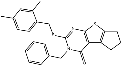 3-benzyl-2-[(2,4-dimethylbenzyl)sulfanyl]-3,5,6,7-tetrahydro-4H-cyclopenta[4,5]thieno[2,3-d]pyrimidin-4-one Struktur