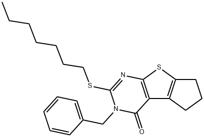 3-benzyl-2-(heptylsulfanyl)-3,5,6,7-tetrahydro-4H-cyclopenta[4,5]thieno[2,3-d]pyrimidin-4-one Struktur