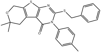 2-(benzylsulfanyl)-6,6-dimethyl-3-(4-methylphenyl)-3,5,6,8-tetrahydro-4H-pyrano[4',3':4,5]thieno[2,3-d]pyrimidin-4-one Struktur