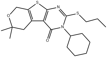 3-cyclohexyl-6,6-dimethyl-2-(propylsulfanyl)-3,5,6,8-tetrahydro-4H-pyrano[4',3':4,5]thieno[2,3-d]pyrimidin-4-one Struktur