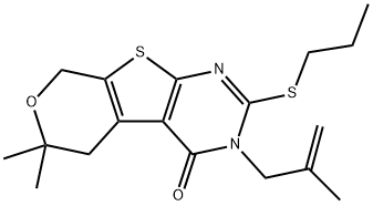 6,6-dimethyl-3-(2-methyl-2-propenyl)-2-(propylsulfanyl)-3,5,6,8-tetrahydro-4H-pyrano[4',3':4,5]thieno[2,3-d]pyrimidin-4-one Struktur