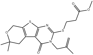 methyl 3-{[6,6-dimethyl-3-(2-methyl-2-propenyl)-4-oxo-3,5,6,8-tetrahydro-4H-pyrano[4',3':4,5]thieno[2,3-d]pyrimidin-2-yl]sulfanyl}propanoate Struktur