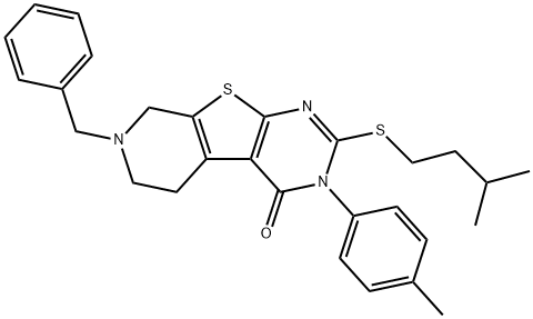 7-benzyl-2-(isopentylsulfanyl)-3-(4-methylphenyl)-5,6,7,8-tetrahydropyrido[4',3':4,5]thieno[2,3-d]pyrimidin-4(3H)-one Struktur