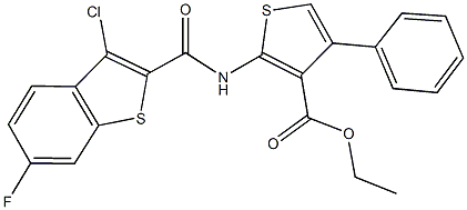 ethyl 2-{[(3-chloro-6-fluoro-1-benzothien-2-yl)carbonyl]amino}-4-phenyl-3-thiophenecarboxylate Struktur