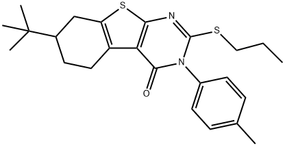 7-tert-butyl-3-(4-methylphenyl)-2-(propylsulfanyl)-5,6,7,8-tetrahydro[1]benzothieno[2,3-d]pyrimidin-4(3H)-one Struktur