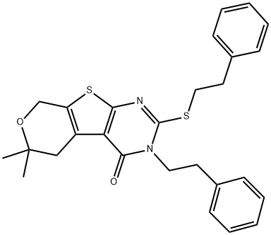 6,6-dimethyl-3-(2-phenylethyl)-2-[(2-phenylethyl)sulfanyl]-3,5,6,8-tetrahydro-4H-pyrano[4',3':4,5]thieno[2,3-d]pyrimidin-4-one Struktur