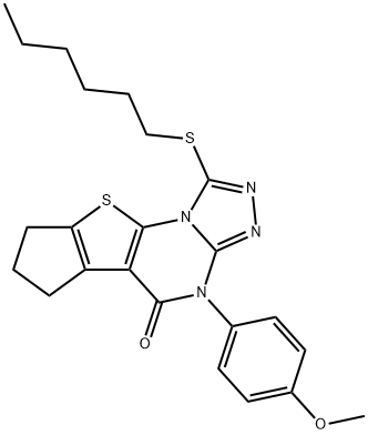 1-(hexylsulfanyl)-4-(4-methoxyphenyl)-7,8-dihydro-6H-cyclopenta[4,5]thieno[3,2-e][1,2,4]triazolo[4,3-a]pyrimidin-5(4H)-one Struktur