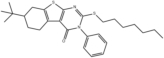 7-tert-butyl-2-(heptylsulfanyl)-3-phenyl-5,6,7,8-tetrahydro[1]benzothieno[2,3-d]pyrimidin-4(3H)-one Struktur