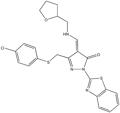 2-(1,3-benzothiazol-2-yl)-5-{[(4-chlorophenyl)sulfanyl]methyl}-4-{[(tetrahydro-2-furanylmethyl)amino]methylene}-2,4-dihydro-3H-pyrazol-3-one Struktur