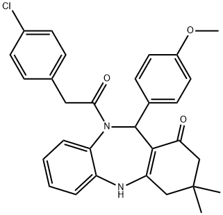 10-[(4-chlorophenyl)acetyl]-11-(4-methoxyphenyl)-3,3-dimethyl-2,3,4,5,10,11-hexahydro-1H-dibenzo[b,e][1,4]diazepin-1-one Struktur