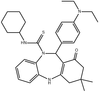 N-cyclohexyl-11-[4-(diethylamino)phenyl]-3,3-dimethyl-1-oxo-1,2,3,4,5,11-hexahydro-10H-dibenzo[b,e][1,4]diazepine-10-carbothioamide Struktur