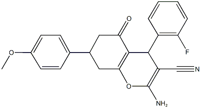 2-amino-4-(2-fluorophenyl)-7-(4-methoxyphenyl)-5-oxo-5,6,7,8-tetrahydro-4H-chromene-3-carbonitrile Struktur