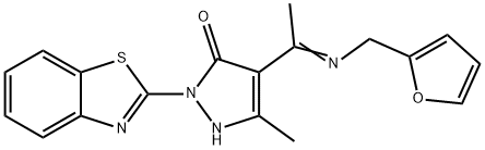 2-(1,3-benzothiazol-2-yl)-4-[N-(2-furylmethyl)ethanimidoyl]-5-methyl-1,2-dihydro-3H-pyrazol-3-one Struktur