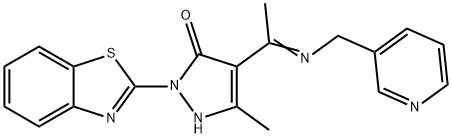 2-(1,3-benzothiazol-2-yl)-5-methyl-4-[N-(3-pyridinylmethyl)ethanimidoyl]-1,2-dihydro-3H-pyrazol-3-one Struktur