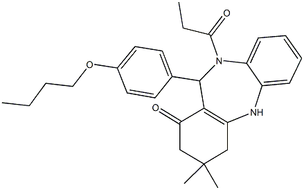 11-(4-butoxyphenyl)-3,3-dimethyl-10-propionyl-2,3,4,5,10,11-hexahydro-1H-dibenzo[b,e][1,4]diazepin-1-one Struktur