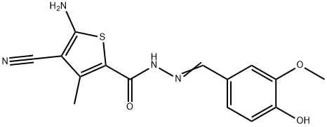 5-amino-4-cyano-N'-(4-hydroxy-3-methoxybenzylidene)-3-methyl-2-thiophenecarbohydrazide Struktur