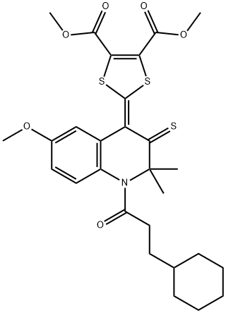 dimethyl 2-(1-(3-cyclohexylpropanoyl)-6-methoxy-2,2-dimethyl-3-thioxo-2,3-dihydro-4(1H)-quinolinylidene)-1,3-dithiole-4,5-dicarboxylate Struktur