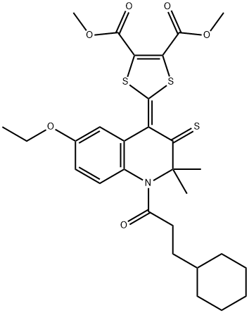 dimethyl 2-(1-(3-cyclohexylpropanoyl)-6-ethoxy-2,2-dimethyl-3-thioxo-2,3-dihydro-4(1H)-quinolinylidene)-1,3-dithiole-4,5-dicarboxylate Struktur