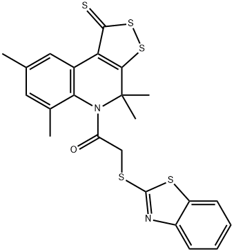 5-[(1,3-benzothiazol-2-ylsulfanyl)acetyl]-4,4,6,8-tetramethyl-4,5-dihydro-1H-[1,2]dithiolo[3,4-c]quinoline-1-thione Struktur