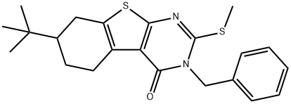 3-benzyl-7-tert-butyl-2-(methylsulfanyl)-5,6,7,8-tetrahydro[1]benzothieno[2,3-d]pyrimidin-4(3H)-one Struktur