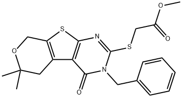 methyl [(3-benzyl-6,6-dimethyl-4-oxo-3,5,6,8-tetrahydro-4H-pyrano[4',3':4,5]thieno[2,3-d]pyrimidin-2-yl)sulfanyl]acetate Struktur