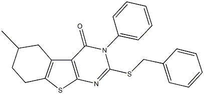 2-(benzylsulfanyl)-6-methyl-3-phenyl-5,6,7,8-tetrahydro[1]benzothieno[2,3-d]pyrimidin-4(3H)-one Struktur