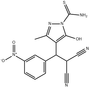 4-(2,2-dicyano-1-{3-nitrophenyl}ethyl)-5-hydroxy-3-methyl-1H-pyrazole-1-carbothioamide Struktur