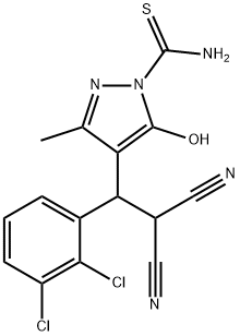 4-[2,2-dicyano-1-(2,3-dichlorophenyl)ethyl]-5-hydroxy-3-methyl-1H-pyrazole-1-carbothioamide Struktur