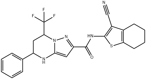 N-(3-cyano-4,5,6,7-tetrahydro-1-benzothien-2-yl)-5-phenyl-7-(trifluoromethyl)-4,5,6,7-tetrahydropyrazolo[1,5-a]pyrimidine-2-carboxamide Struktur