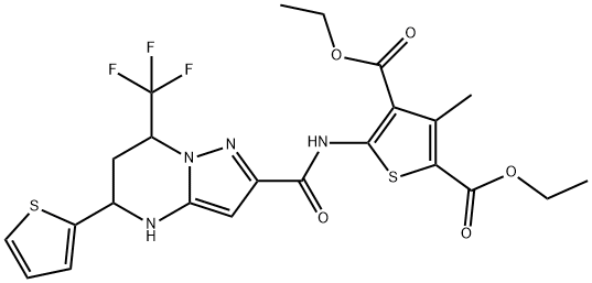 diethyl 3-methyl-5-({[5-(2-thienyl)-7-(trifluoromethyl)-4,5,6,7-tetrahydropyrazolo[1,5-a]pyrimidin-2-yl]carbonyl}amino)-2,4-thiophenedicarboxylate Struktur