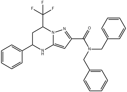 N,N-dibenzyl-5-phenyl-7-(trifluoromethyl)-4,5,6,7-tetrahydropyrazolo[1,5-a]pyrimidine-2-carboxamide Struktur