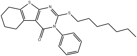 2-(heptylsulfanyl)-3-phenyl-5,6,7,8-tetrahydro[1]benzothieno[2,3-d]pyrimidin-4(3H)-one Struktur