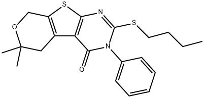 2-(butylsulfanyl)-6,6-dimethyl-3-phenyl-3,5,6,8-tetrahydro-4H-pyrano[4',3':4,5]thieno[2,3-d]pyrimidin-4-one Struktur