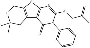 6,6-dimethyl-2-[(2-methyl-2-propenyl)sulfanyl]-3-phenyl-3,5,6,8-tetrahydro-4H-pyrano[4',3':4,5]thieno[2,3-d]pyrimidin-4-one Struktur