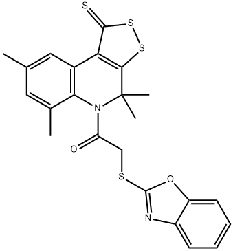 5-[(1,3-benzoxazol-2-ylsulfanyl)acetyl]-4,4,6,8-tetramethyl-4,5-dihydro-1H-[1,2]dithiolo[3,4-c]quinoline-1-thione Struktur