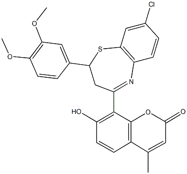 8-[8-chloro-2-(3,4-dimethoxyphenyl)-2,3-dihydro-1,5-benzothiazepin-4-yl]-7-hydroxy-4-methyl-2H-chromen-2-one Struktur