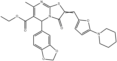 ethyl 5-(1,3-benzodioxol-5-yl)-7-methyl-3-oxo-2-{[5-(1-piperidinyl)-2-furyl]methylene}-2,3-dihydro-5H-[1,3]thiazolo[3,2-a]pyrimidine-6-carboxylate Struktur