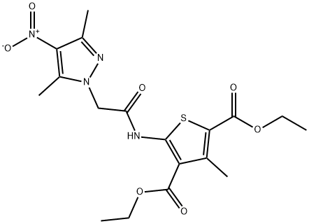 diethyl 5-[({4-nitro-3,5-dimethyl-1H-pyrazol-1-yl}acetyl)amino]-3-methyl-2,4-thiophenedicarboxylate Struktur