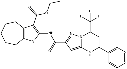 ethyl 2-({[5-phenyl-7-(trifluoromethyl)-4,5,6,7-tetrahydropyrazolo[1,5-a]pyrimidin-2-yl]carbonyl}amino)-5,6,7,8-tetrahydro-4H-cyclohepta[b]thiophene-3-carboxylate Struktur