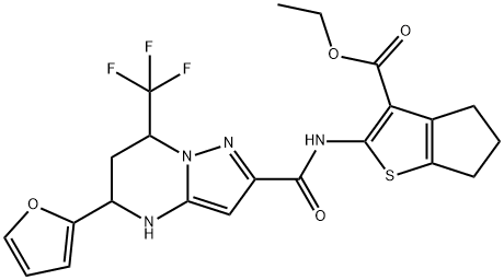 ethyl 2-({[5-(2-furyl)-7-(trifluoromethyl)-4,5,6,7-tetrahydropyrazolo[1,5-a]pyrimidin-2-yl]carbonyl}amino)-5,6-dihydro-4H-cyclopenta[b]thiophene-3-carboxylate Struktur