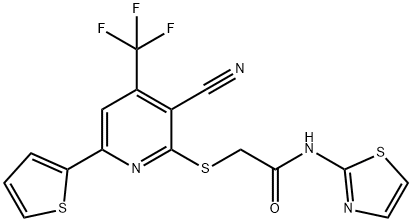 2-{[3-cyano-6-(2-thienyl)-4-(trifluoromethyl)-2-pyridinyl]sulfanyl}-N-(1,3-thiazol-2-yl)acetamide Struktur