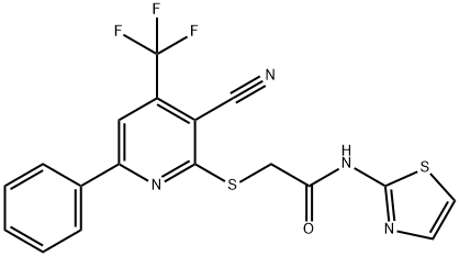 2-{[3-cyano-6-phenyl-4-(trifluoromethyl)-2-pyridinyl]sulfanyl}-N-(1,3-thiazol-2-yl)acetamide Struktur