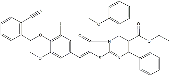 ethyl 2-{4-[(2-cyanobenzyl)oxy]-3-iodo-5-methoxybenzylidene}-5-(2-methoxyphenyl)-3-oxo-7-phenyl-2,3-dihydro-5H-[1,3]thiazolo[3,2-a]pyrimidine-6-carboxylate Struktur