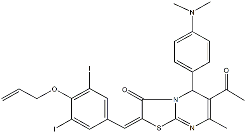 6-acetyl-2-[4-(allyloxy)-3,5-diiodobenzylidene]-5-[4-(dimethylamino)phenyl]-7-methyl-5H-[1,3]thiazolo[3,2-a]pyrimidin-3(2H)-one Struktur