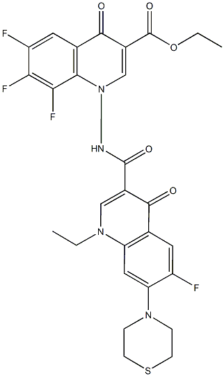 ethyl 1-({[1-ethyl-6-fluoro-4-oxo-7-(4-thiomorpholinyl)-1,4-dihydro-3-quinolinyl]carbonyl}amino)-6,7,8-trifluoro-4-oxo-1,4-dihydro-3-quinolinecarboxylate Struktur