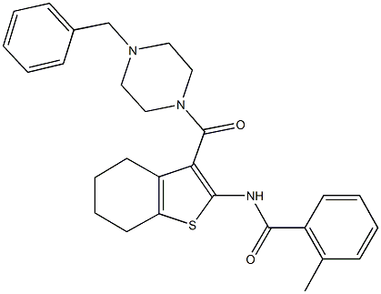 N-{3-[(4-benzyl-1-piperazinyl)carbonyl]-4,5,6,7-tetrahydro-1-benzothien-2-yl}-2-methylbenzamide Struktur