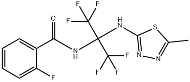 2-fluoro-N-[2,2,2-trifluoro-1-[(5-methyl-1,3,4-thiadiazol-2-yl)amino]-1-(trifluoromethyl)ethyl]benzamide Struktur