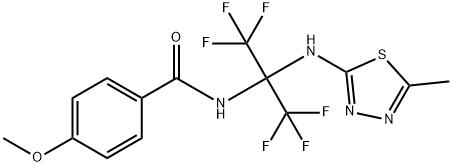 4-methoxy-N-[2,2,2-trifluoro-1-[(5-methyl-1,3,4-thiadiazol-2-yl)amino]-1-(trifluoromethyl)ethyl]benzamide Struktur